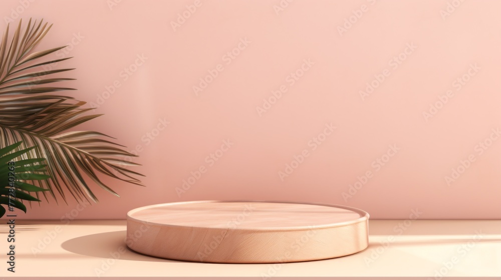 A circular podium with tropical palm leaves on a pastel pink and beige background. Minimal abstract background, showcase, exhibition stand for the presentation of a cosmetic product. A circular podium with tropical palm leaves on a pastel pink and beige background. Minimal abstract background, showcase, exhibition stand for the presentation of a cosmetic product.