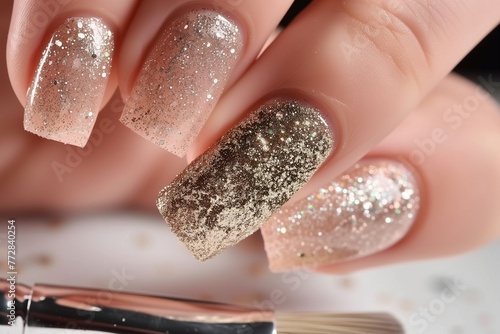 manicurist brushing glitter onto a nail photo