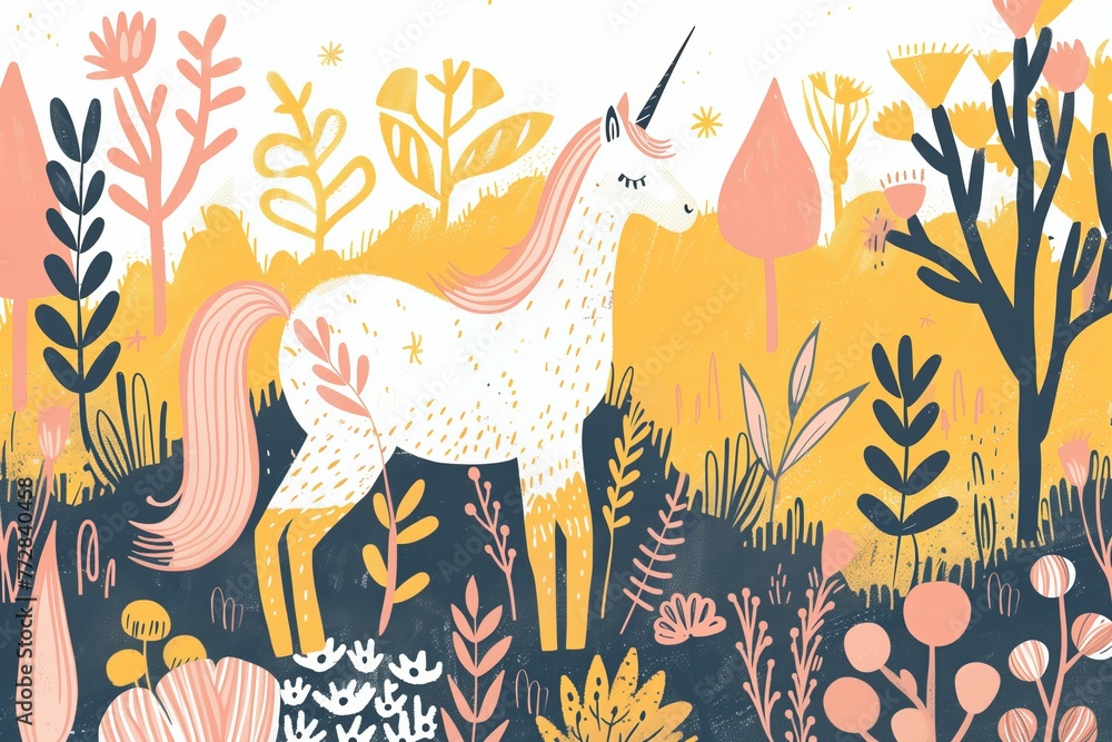 Obraz premium printmaking linocut style flat illustration of a unicorn, minimalist