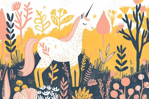 printmaking linocut style flat illustration of a unicorn  minimalist