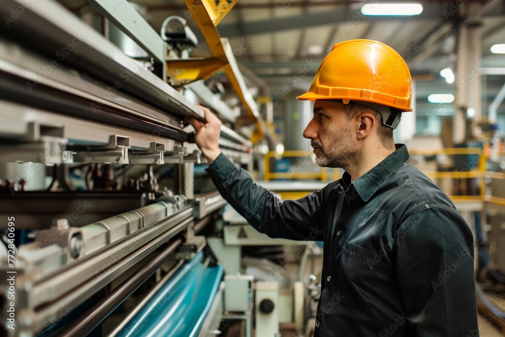 entrepreneur with a hard hat examining a piece of machinery in a plant entrepreneur with a hard hat examining a piece of machinery in a plant