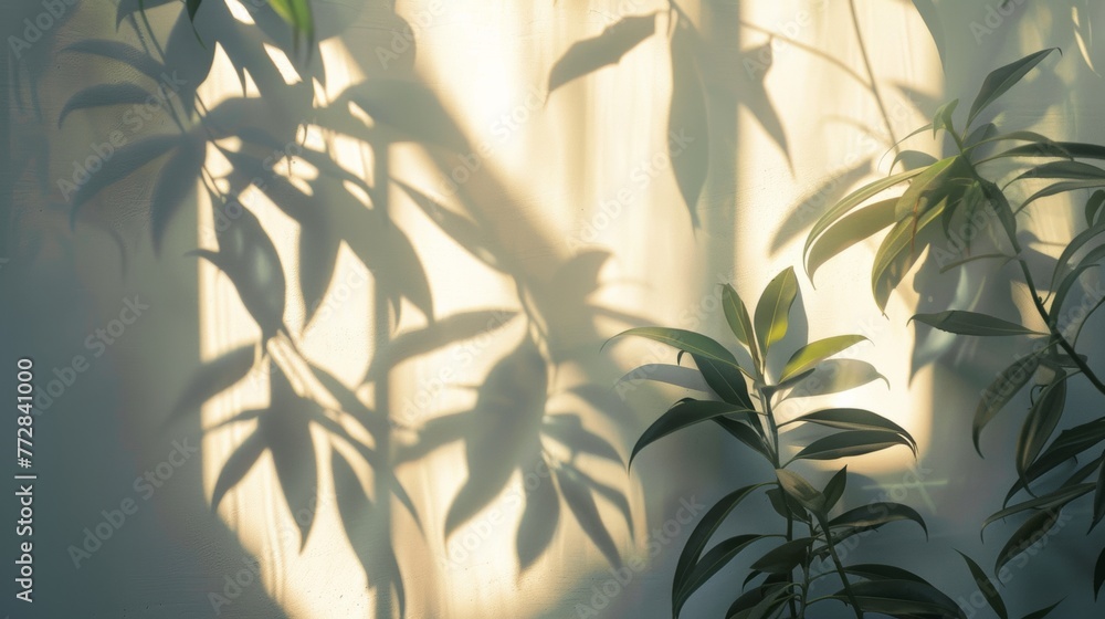 Fototapeta premium Shadows of plants on a white wall