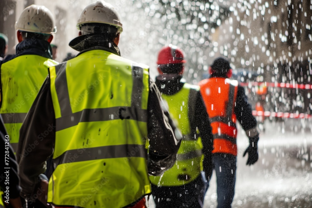 reflective safety vests on builders as rain pours down reflective safety vests on builders as rain pours down