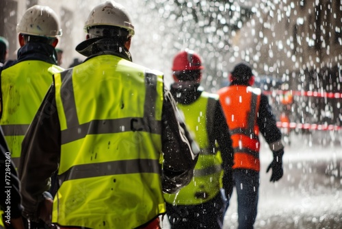 reflective safety vests on builders as rain pours down