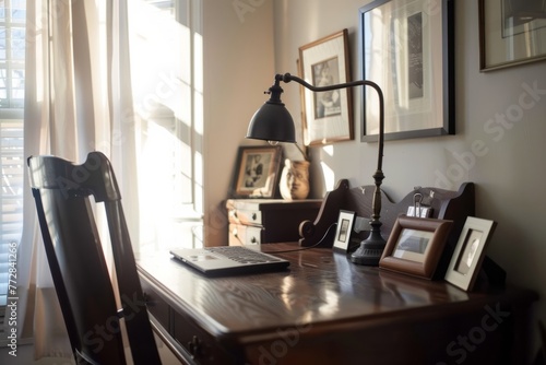 A cozy home office desk bathed in natural light, with a comfortable chair, vintage desk lamp, and framed photographs, evoking a sense of warmth and nostalgia, Generative AI photo