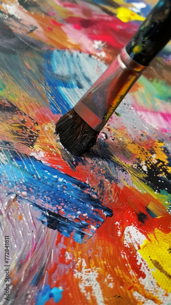 Obraz premium Close-up of a paintbrush on colorful canvas