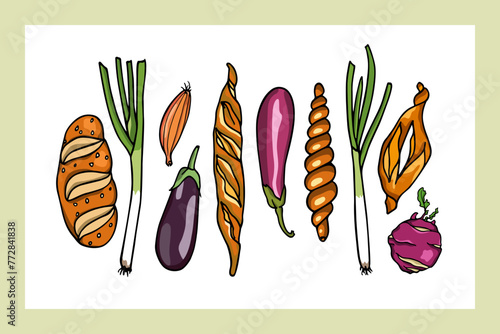 Vector card with hand drawn fresh bread of different kinds and ripe vegetables made in graphic style. Ink drawing, beautiful healthy food design elements