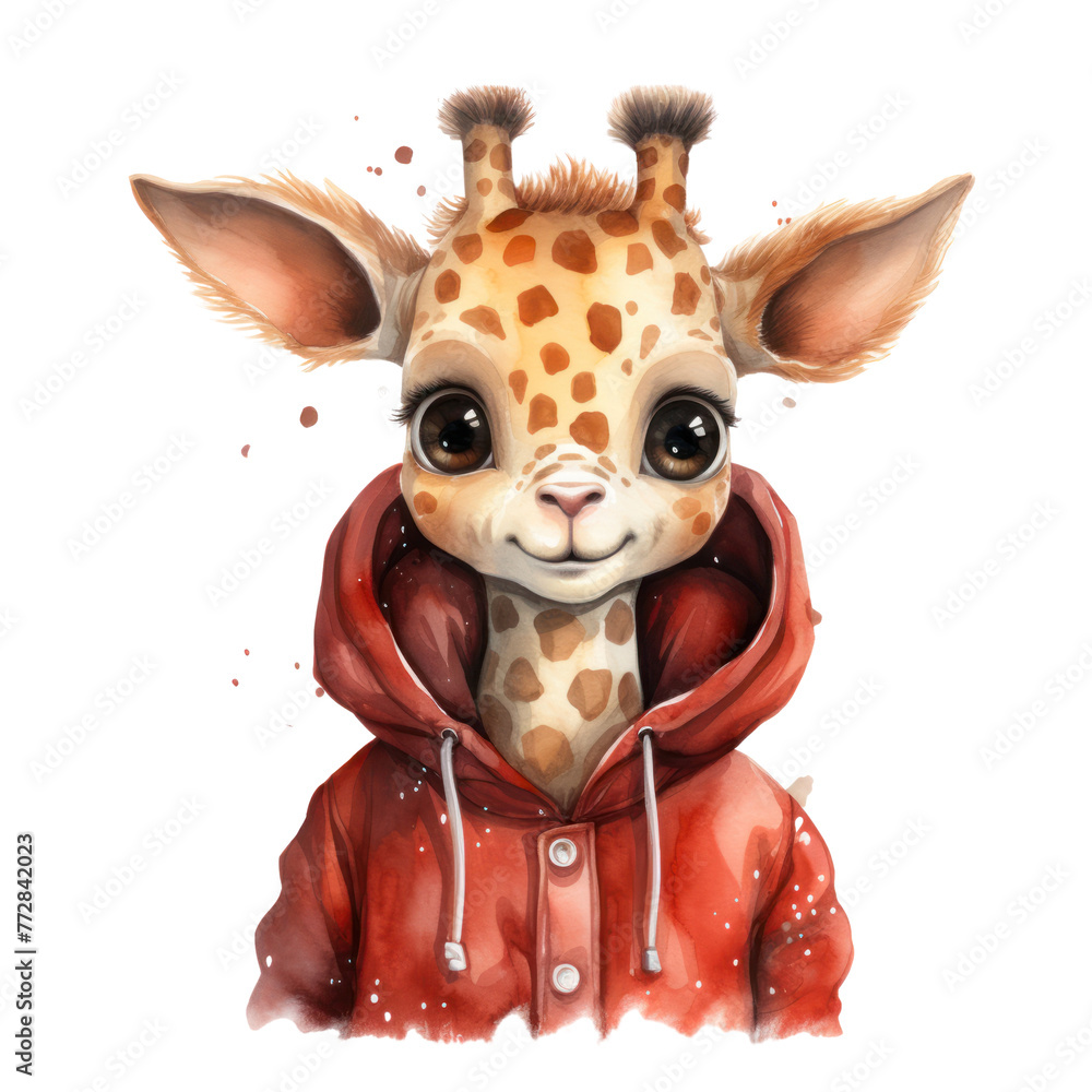A giraffe wearing a red jacket and hoodie. The giraffe has a happy expression on its face