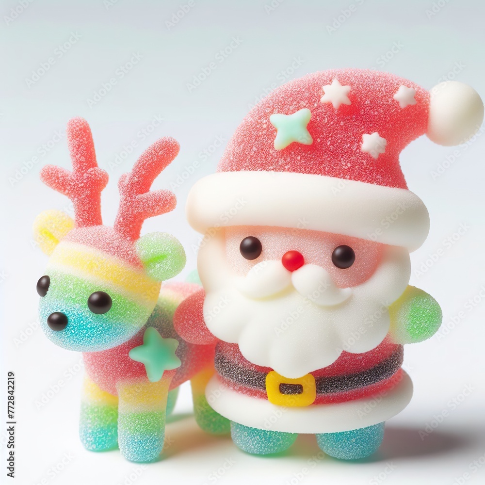 Fototapeta premium a cute santa with reindeer made of pastel color rainbow gummy candy on a white background