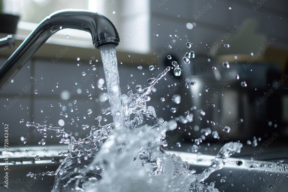 Vigorous water splash from modern kitchen tap, environmental savings concept, (cute photostock style)::15 Vigorous water splash from modern kitchen tap, environmental savings concept, (cute photostock style)::15