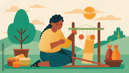 The intricate weaving process of a local artisan using naturally dyed yarns from nearby farms for their textile creations.