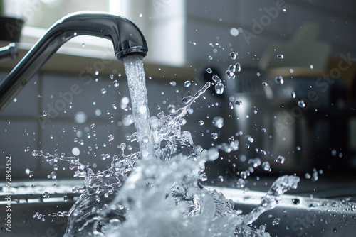 Vigorous water splash from modern kitchen tap, environmental savings concept, (cute photostock style)::15 