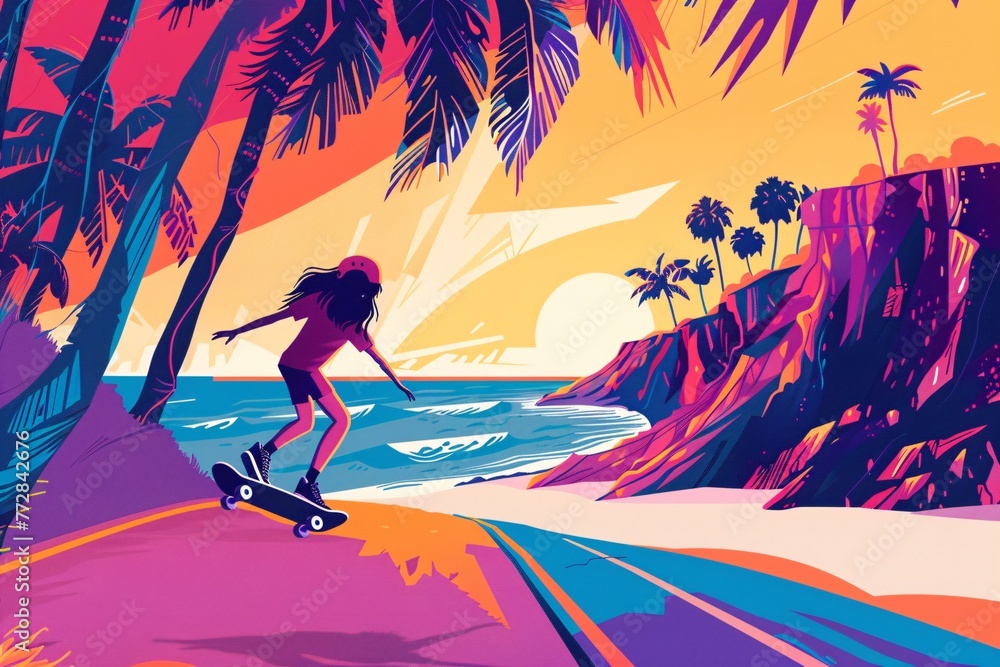 a girl riding a skateboard on a beach