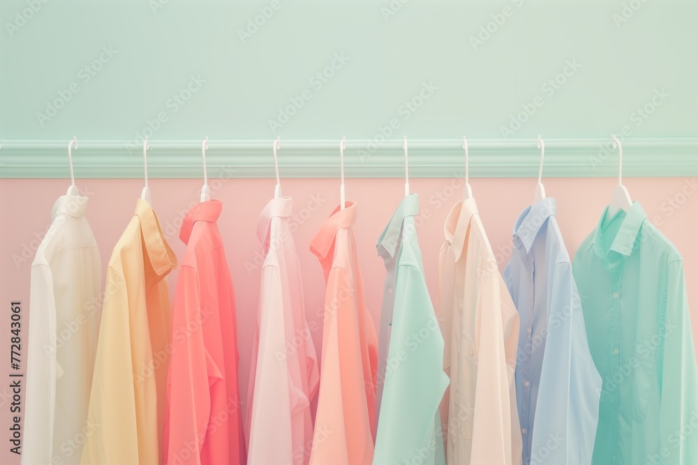 row of colorful shirts on white hooks against a pastel wall row of colorful shirts on white hooks against a pastel wall