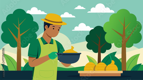 A worker inspecting a batch of freshly harvested natural rubber from a nearby plantation emphasizing the economic and environmental benefits of