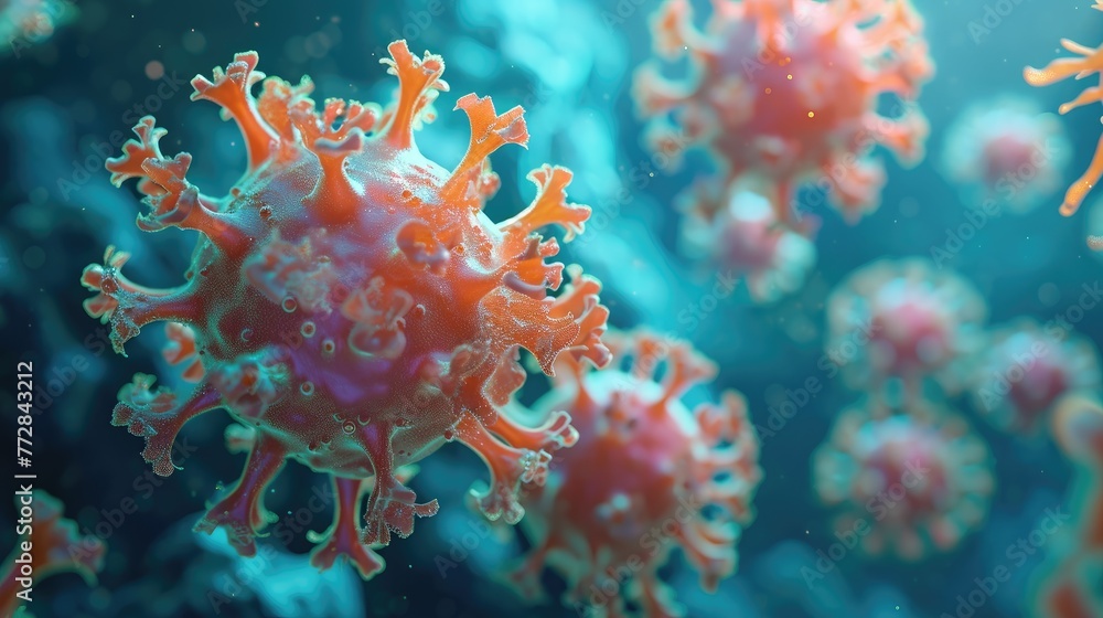 A cluster of spherical viruses with pink spikes on a blue background, an illustration of viruses at the cellular level A cluster of spherical viruses with pink spikes on a blue background, an illustration of viruses at the cellular level