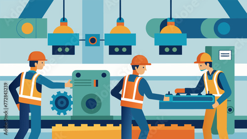 A closeup of workers on a factory line adjusting machinery and recalibrating processes highlighting the flexibility and speed of reshoring in