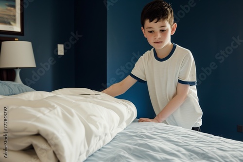 boy placing a comforter neatly on his bed