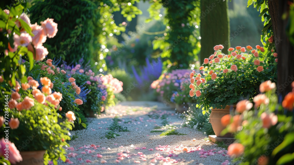 A serene garden path lined with blooming roses and lavender, bathed in the warm glow of the morning sun. A serene garden path lined with blooming roses and lavender, bathed in the warm glow of the morning sun.