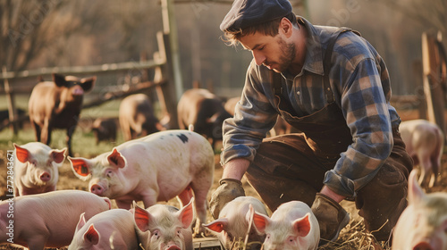 Young male farmer tending to pigs in large farm photo