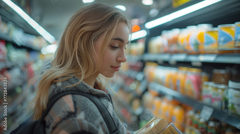 Young woman comparing canned food in supermarket