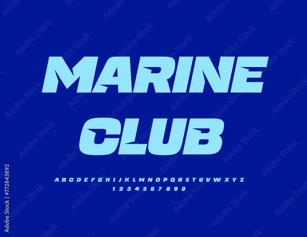 Vector creative sign Marine Club. Stylish Blue Font. Modern Alphabet Letters and Numbers set.