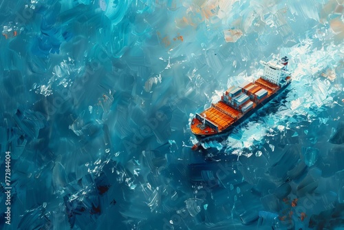 Aerial View of Container Ship in Vast Ocean, Global Business Logistics and International Trade, Oil Painting