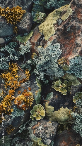 Close-up of lichen and moss on rocks