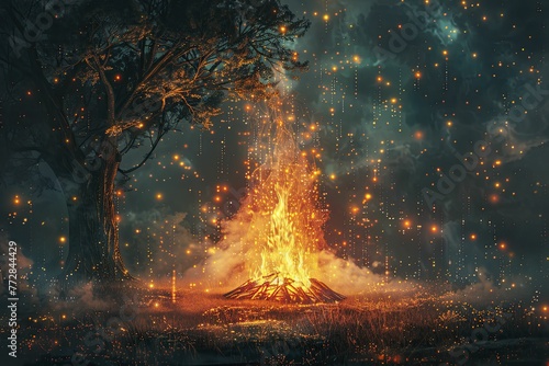 An innovative visualization depicting a digital campfire where data points converge, set against a backdrop of community data sharing for insights. photo