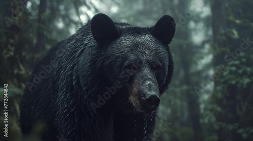 A black bear stands in a thick forest.