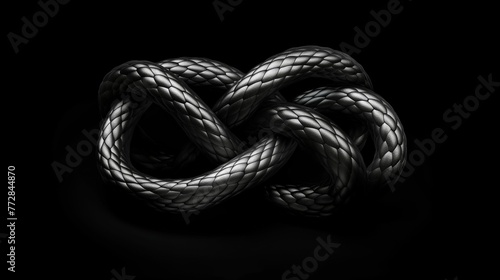 A complicated knot on a black background.