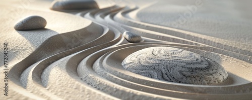 Zen garden sand patterns with stones