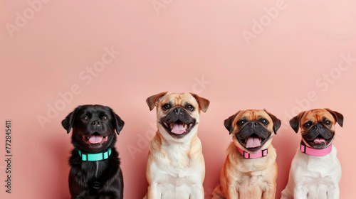 These four cute canines show off their different colors and breeds, all with joyful expressions against a pink background photo