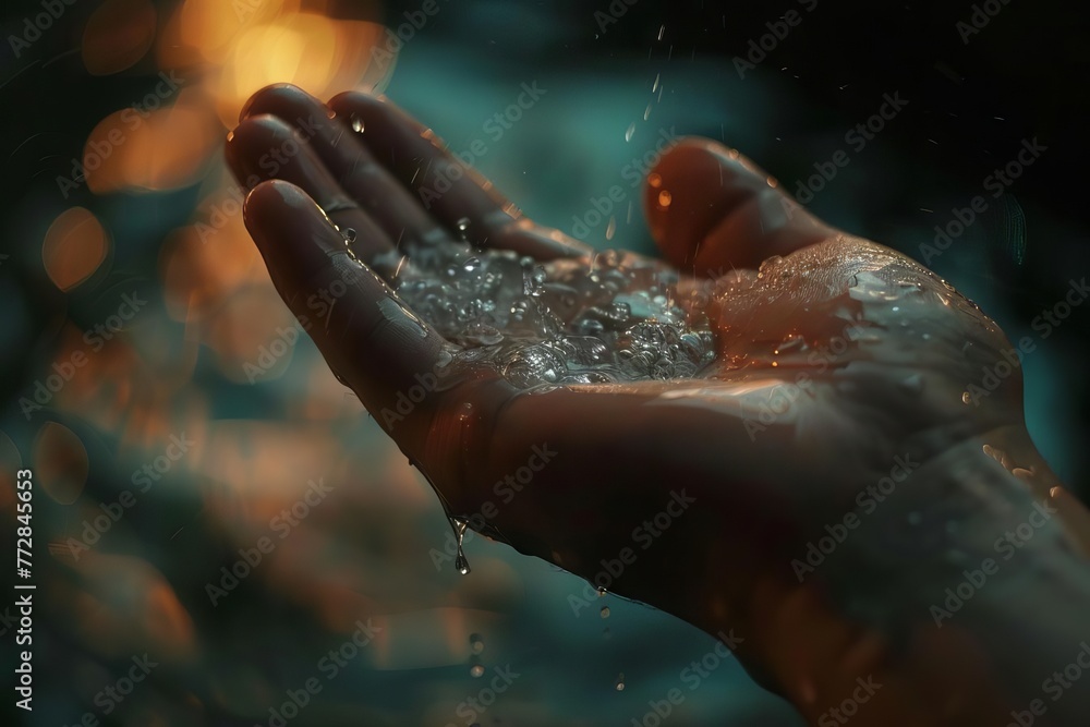 Close-up of hand with water droplets, baptism and purification symbol, religious concept illustration Close-up of hand with water droplets, baptism and purification symbol, religious concept illustration