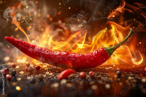 Red and hot chili pepper in flames on black background,The photography is in the style of high resolution 