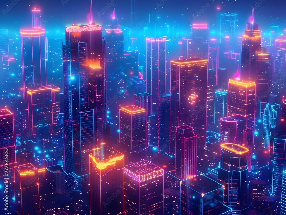 An electrifying night view of a cybercity's skyline, with skyscrapers aglow in neon and holographic lights, showcasing a high-tech urban landscape.