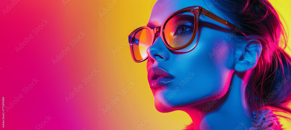 A woman with large sunglasses on her face, glass reflect the bright colors of the background, creating a vibrant and eye-catching look. Fashion model with sunglass pop art collage style in neon color