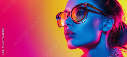 A woman with large sunglasses on her face, glass reflect the bright colors of the background, creating a vibrant and eye-catching look. Fashion model with sunglass pop art collage style in neon color