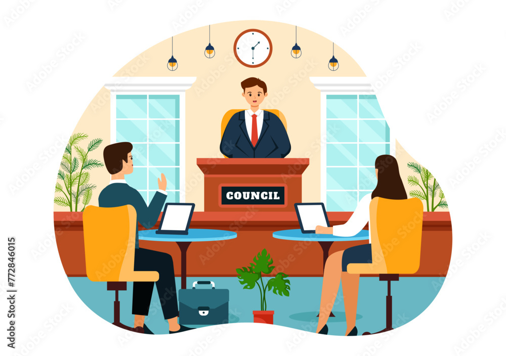 City Council Meeting Vector Illustration with Effective Business Team, Employee, Brainstorming for Important Negotiation in Flat Cartoon Background