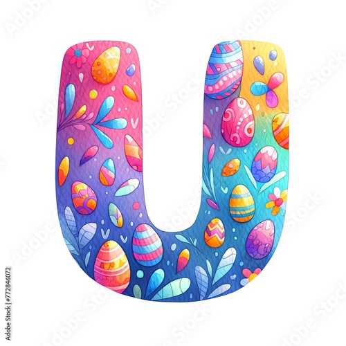 The letter U is decorated with colorful eggs and flowers. The eggs are scattered throughout the letter, with some on the top, middle, and bottom. The flowers are also spread out