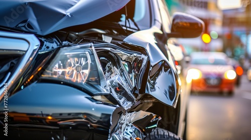 Car accident scene with close-up of a damaged vehicle. The image captures the shattered headlight and crumpled hood of a black car, with the blurred city traffic in the background.