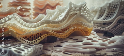Abstract 3D printed objects with intricate designs. A collection of wavy, perforated layers in a gradient of white to deep beige, highlighting the precision and complexity of 3D printing technology.