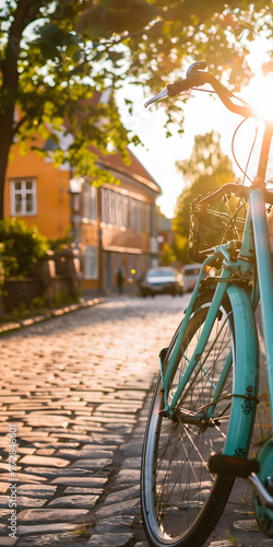 Bicicleta Retrô Estacionada em um Beco de Paralelepípedos photo