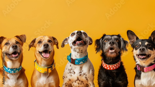 A joyful lineup of five diverse dogs wearing colorful collars against a vibrant yellow background  showcasing their unique personalities