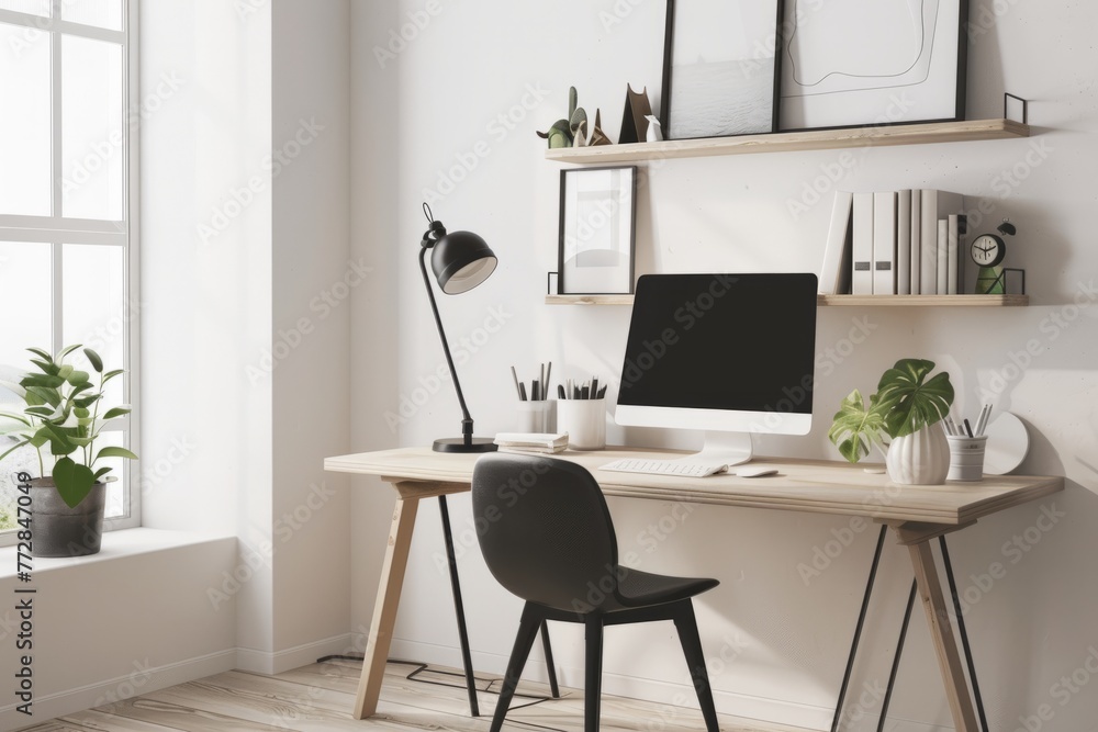 Fototapeta premium A minimalist Scandinavian-inspired desk setup with clean lines, natural wood finishes, and monochrome decor, exuding a sense of simplicity and sophistication, Generative AI