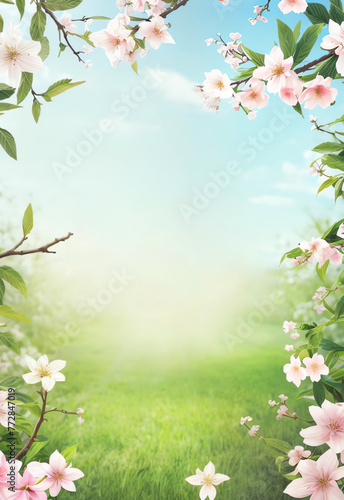 pink cherry blossom frame and sakura banner with spring grass and blue sky background for copy space ai generated © XMind