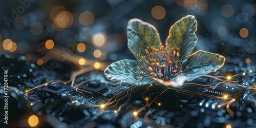 Capturing the essence of innovation, a floral emergence from circuits signifies the organic evolution of tech enterprises.