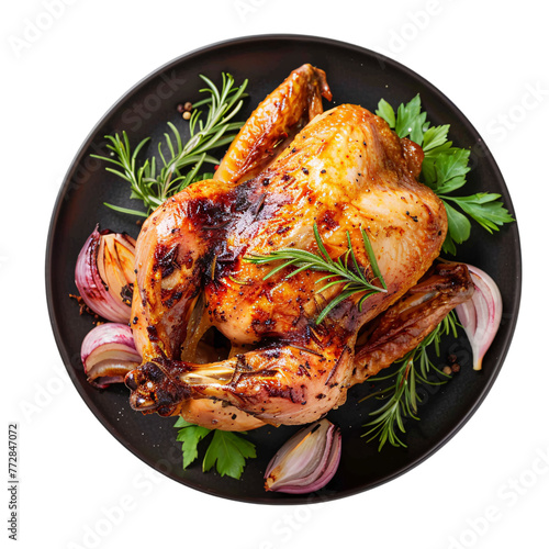 
Grilled whole chicken on a black plate decoarated
with onions and rosemary , Top view of a whole golden color grilled chicken 