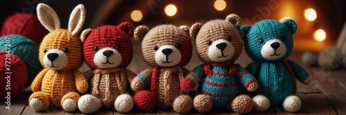 A photo of five hand-knitted stuffed animals - two bears and three bunnies - sitting next to each other on a wooden table. They are colorful and cozy, with warm lights in the background. photo
