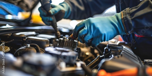 Auto mechanic repairing car. Selective focus.